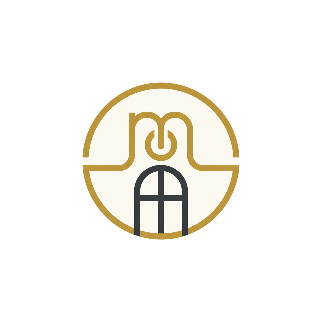 Maitre — a doorbell-loop lowercase m above a bistro's door, held in a flat round badge